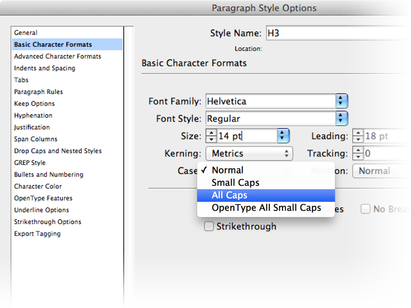 Changing capitalization in the paragraph styles dialog box