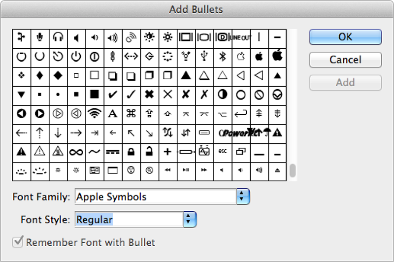 Additional glyphs available for bullets